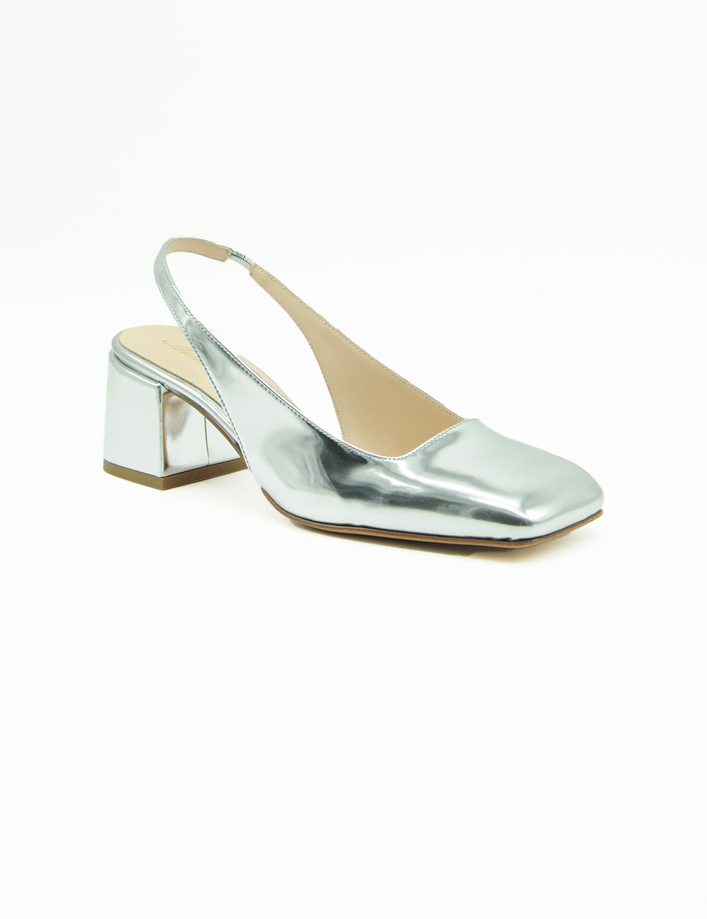 Décolleté slingback Anna F. argento con tacco block e punta quadrata