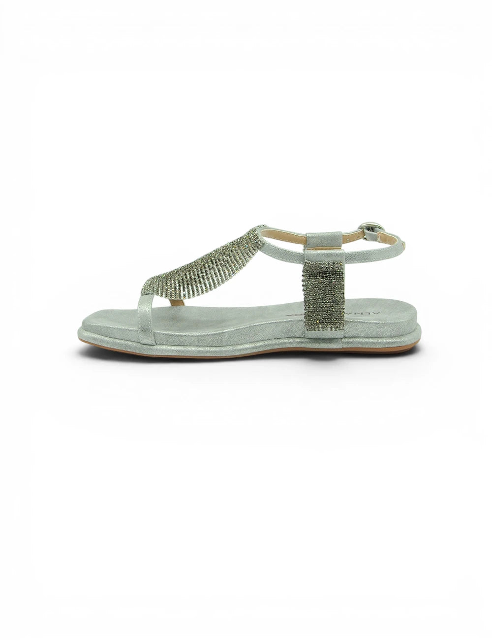 Alma en pena sandalo silver t-strap argento glitterato con dettagli in rhinestone su fibbia alla caviglia