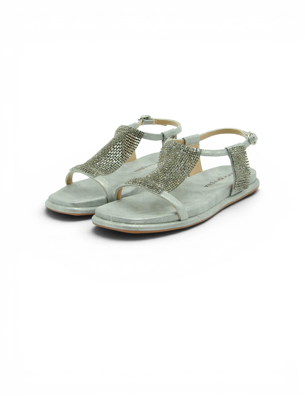 Alma en pena sandalo silver con cinturini t-strap argentati e strass scintillanti su plantare e caviglia