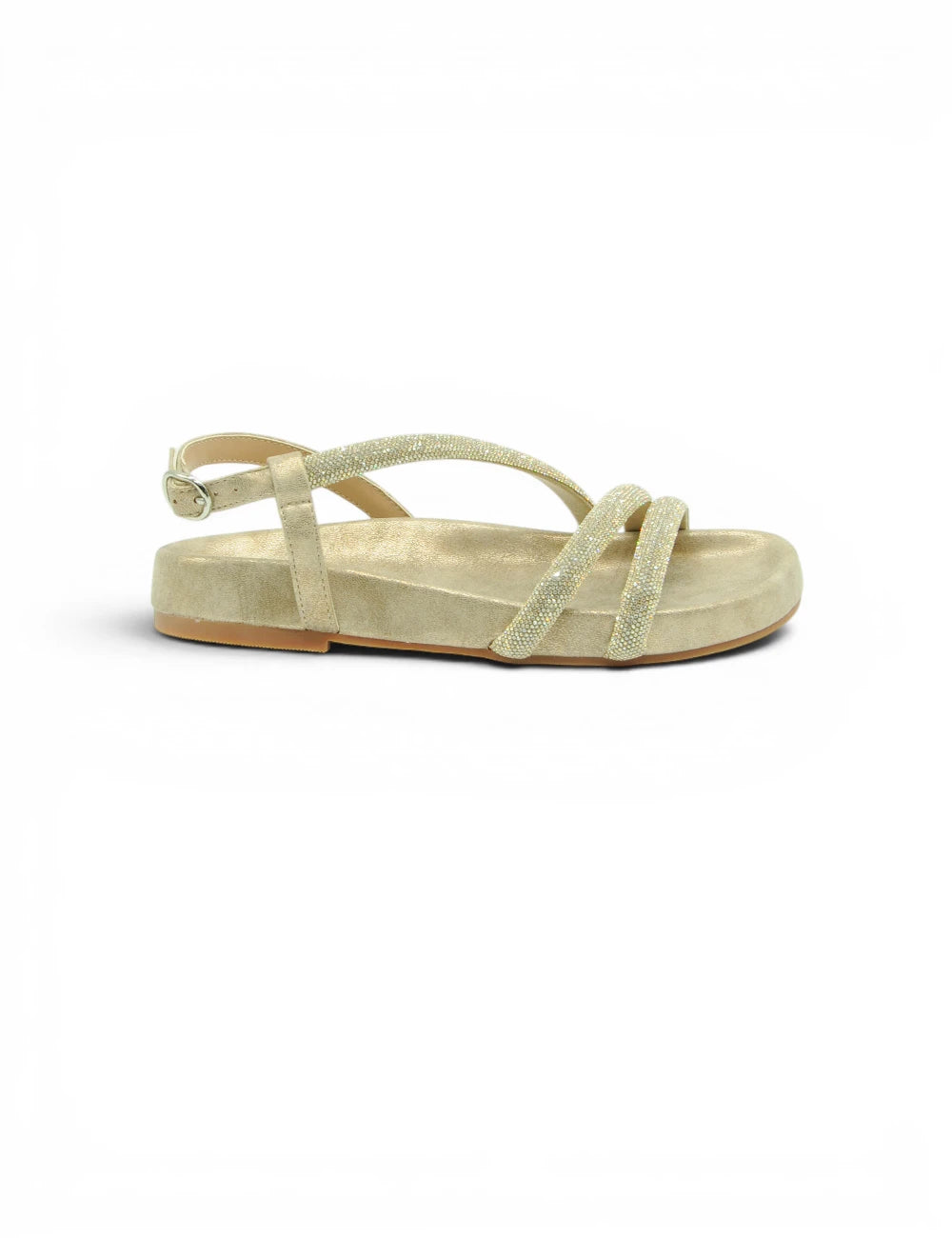 Sandalo alma en pena bronzo beige con glitter e suola piatta piattaforma in materiale scintillante