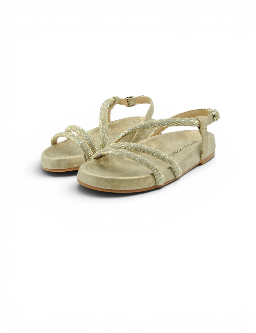 Almaa en pena sandalo bronzo flat in glitter oro con finitura scamosciata e cinturini regolabili alla caviglia