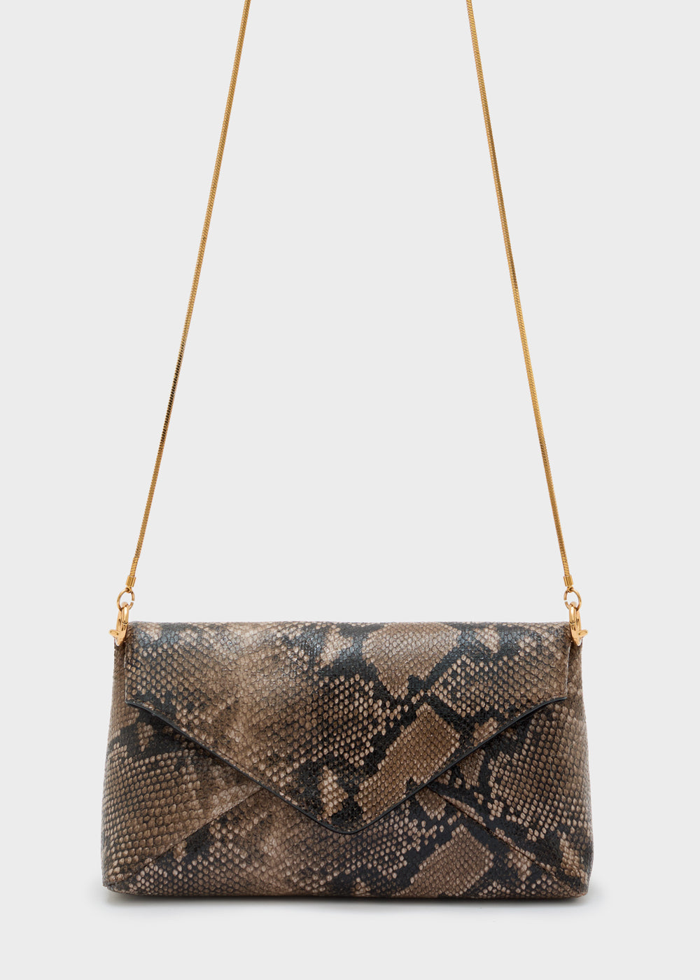 Clutch nalì snake marrone elegante in pelle effetto serpente taupe e nero con tracolla a catena oro