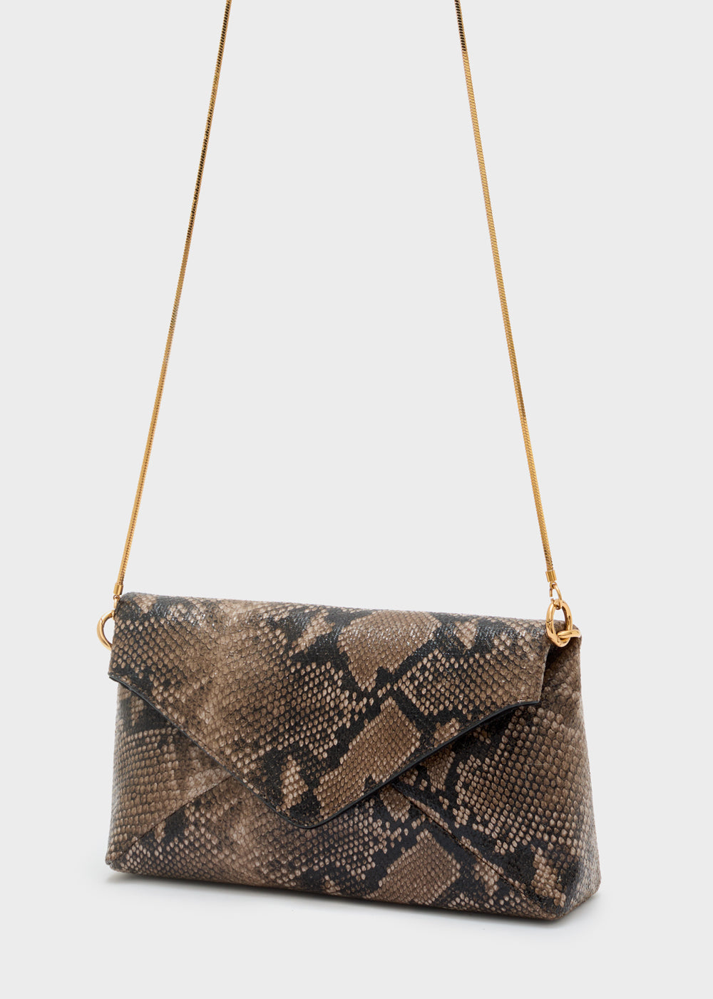 Nalì clutch snake marrone in ecopelle stampa serpente taupe e nero con tracolla a catena color oro