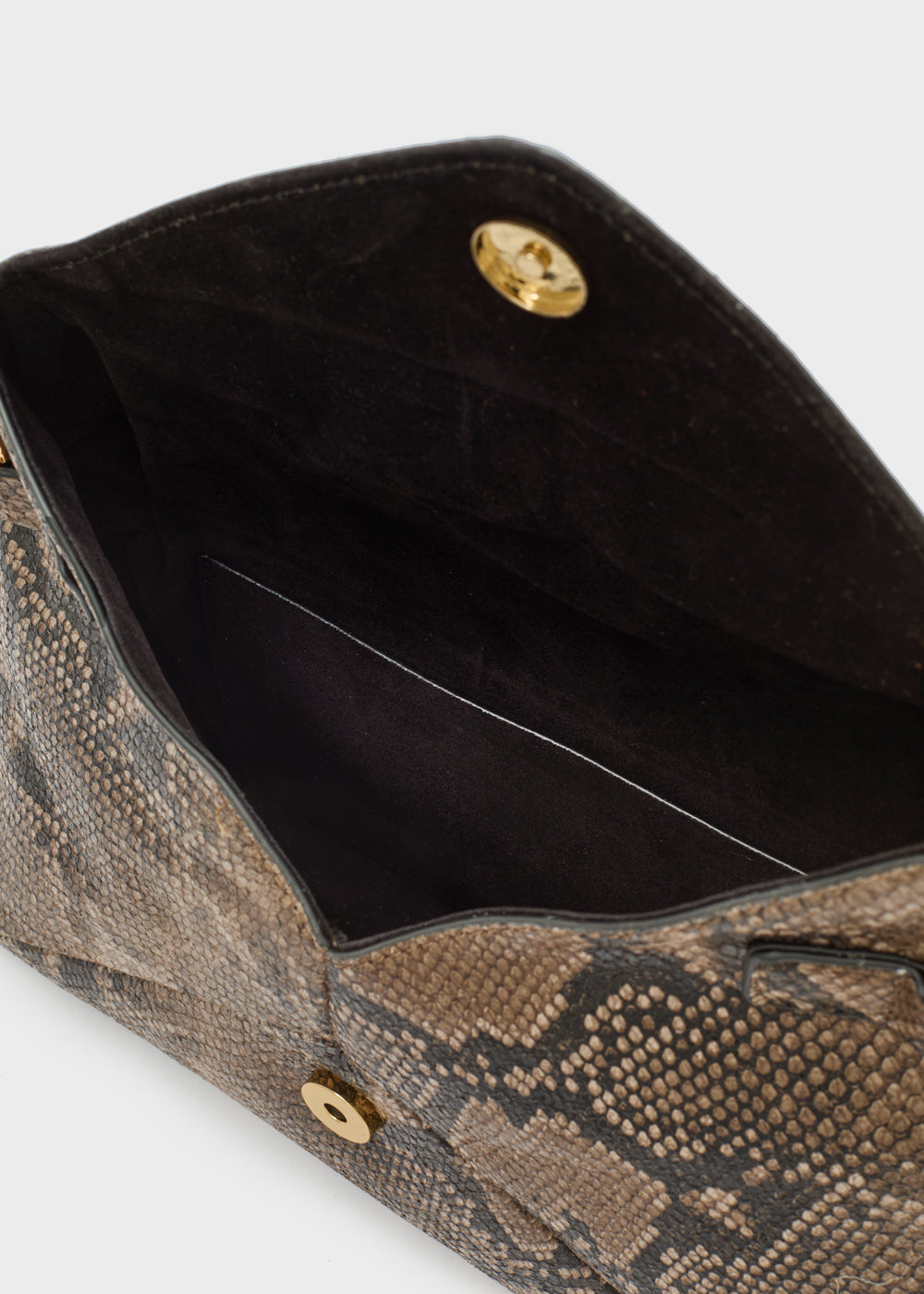 Clutch nalì marrone in pelle stampa serpente taupe e marrone con dettagli in metallo dorato