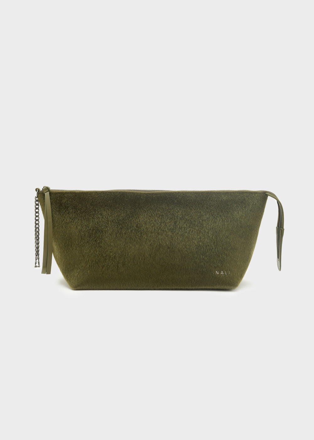 Olive green textured leather nalì maxi clutch with chain and fabric strap discreetly embossed on the side