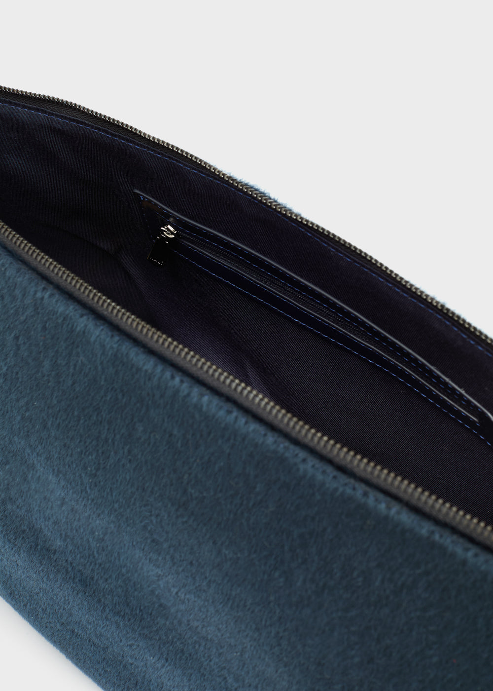 Deep blue suede maxi clutch nalì catherine blu with black interior and silver zipper