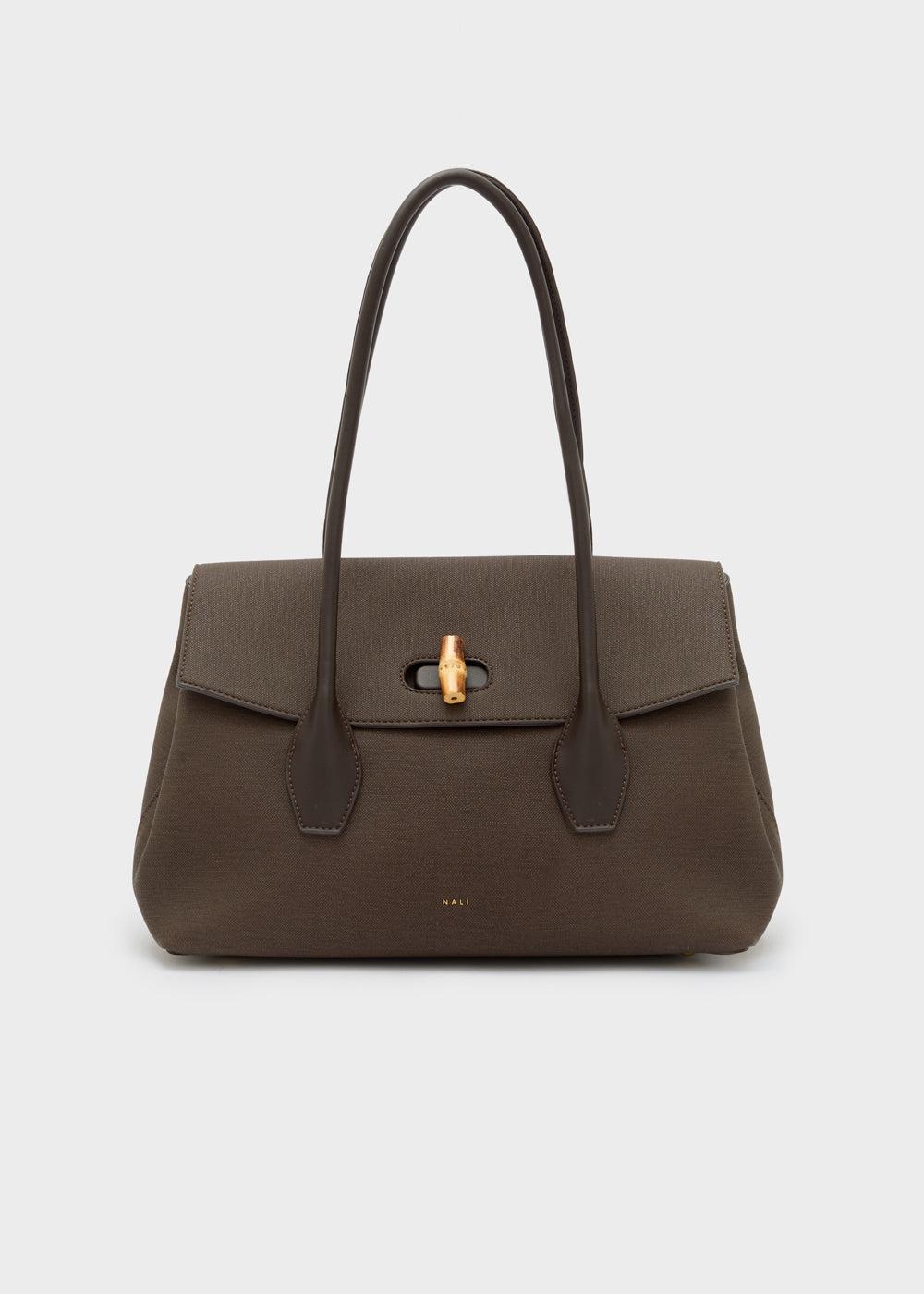 Nalì a spalla jeanne marrone borsa elegante in pelle marrone scuro con chiusura e manici oro stile bambù