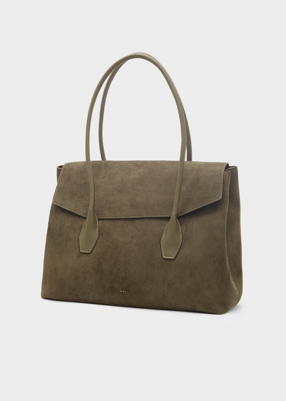 Tote bag nalì a spalla jeanne big verde in suede verde oliva con manici e chiusura a patta coordinati