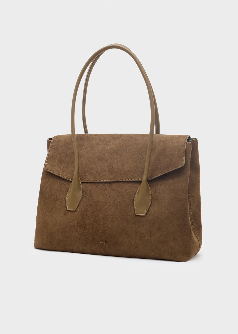 Nalì a spalla jeanne big marrone tote in suede taupe con manici abbinati e chiusura a patta minimalista