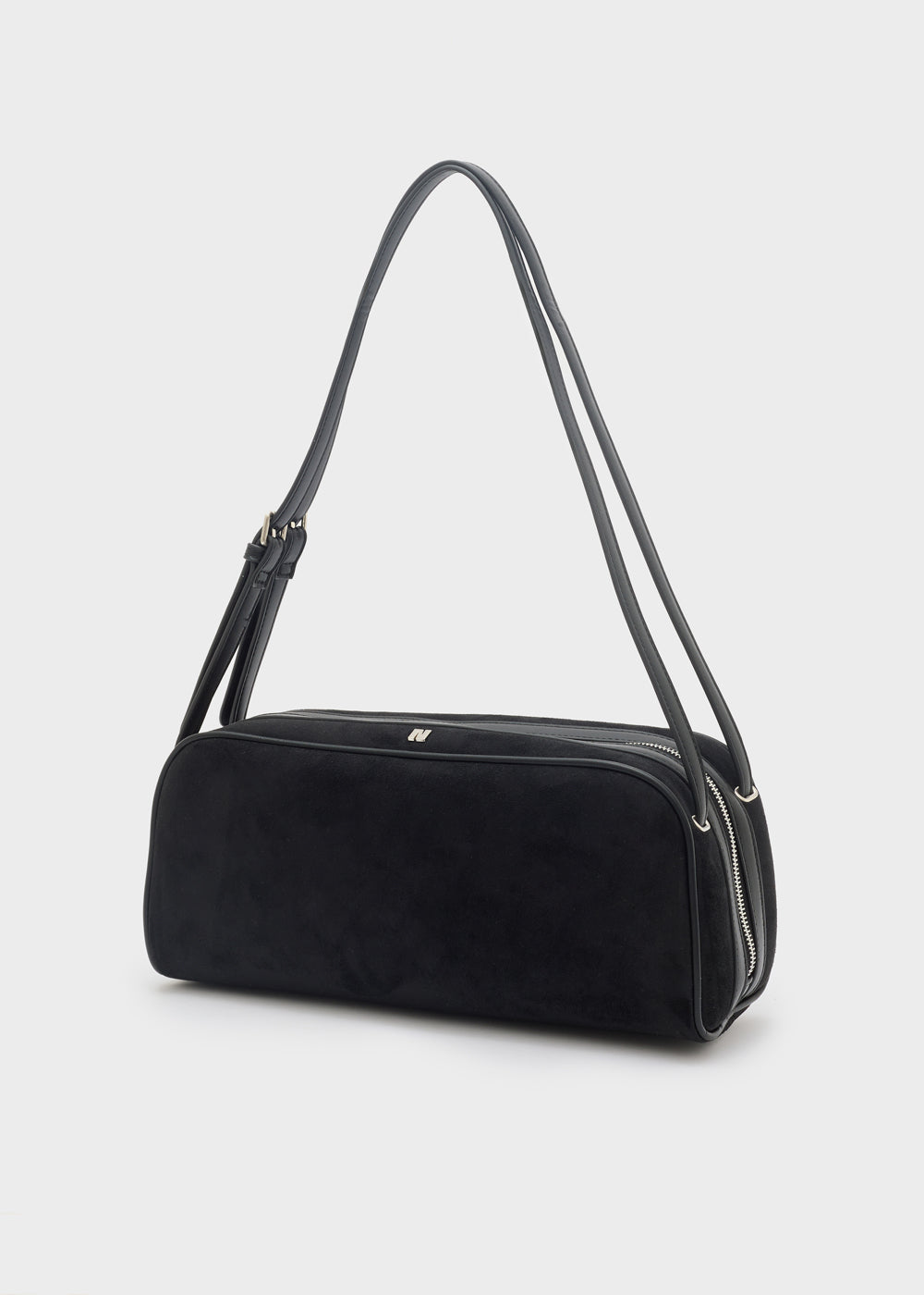 Borsa a spalla nera in suede nalì a spalla taco con doppia cerniera e tracolla sottile
