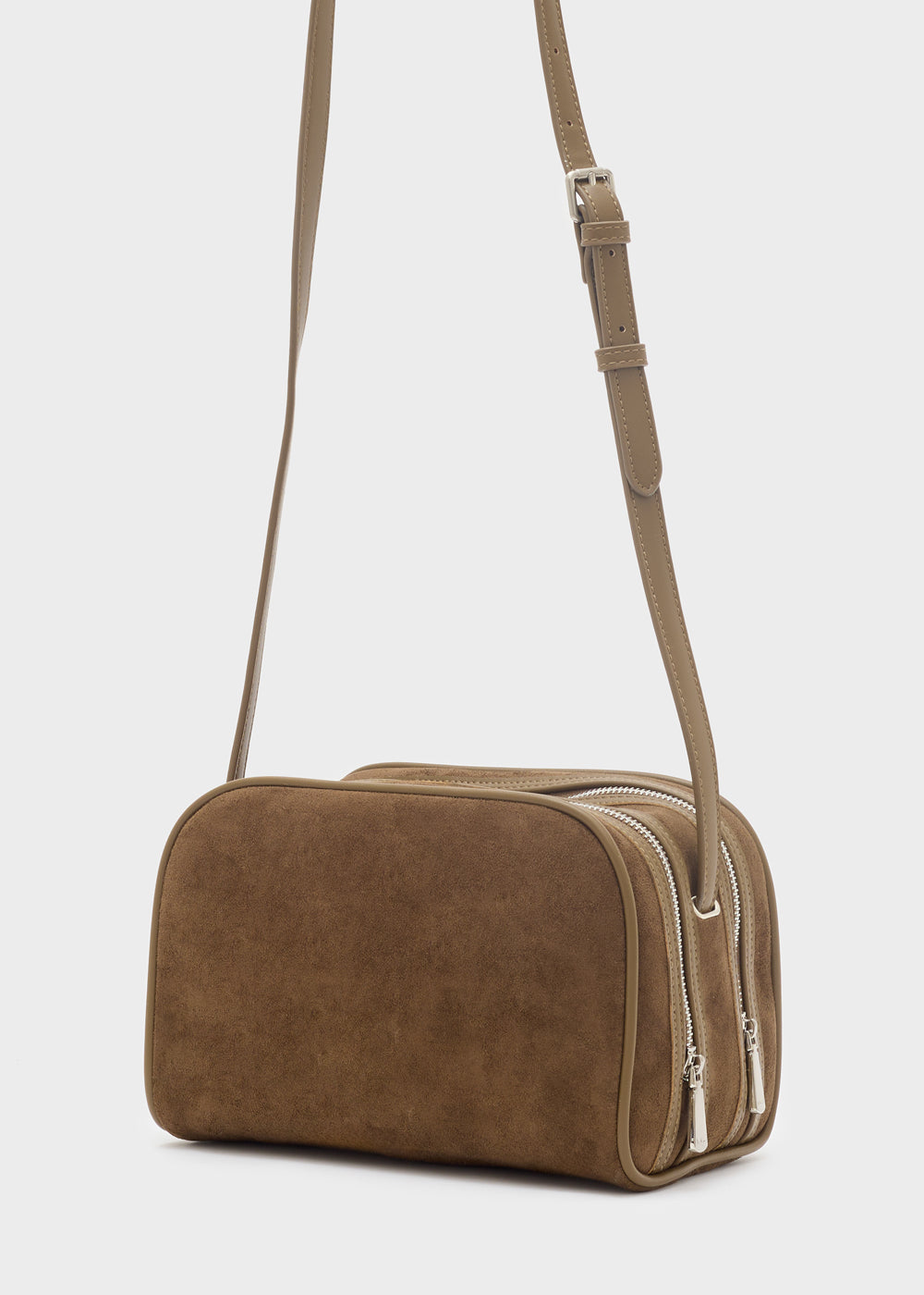Tan suede crossbody bag nalì tracolla taco double zip marrone with three front zippers and adjustable strap