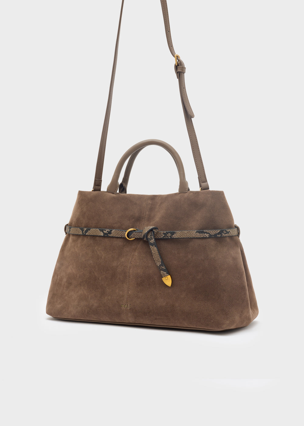 Borsa a mano nalì melissa marrone in suede con cintura effetto pitone e dettagli in metallo dorato