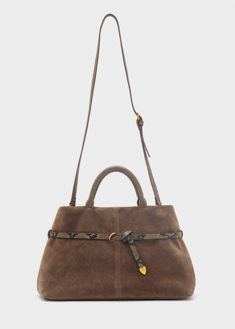 Brown suede handbag nalì a mano melissa marrone with snakeskin-patterned belt and gold-tone hardware