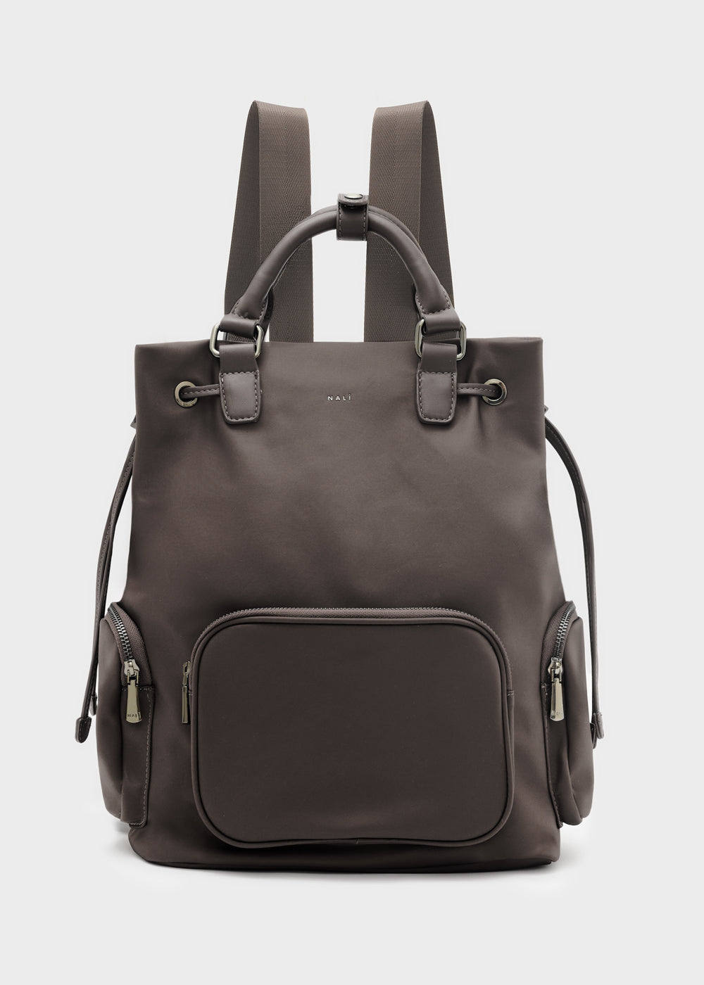 Zaino nalì zaino noor marrone grigio scuro minimalista con design strutturato manici superiori doppi e spallacci regolabili