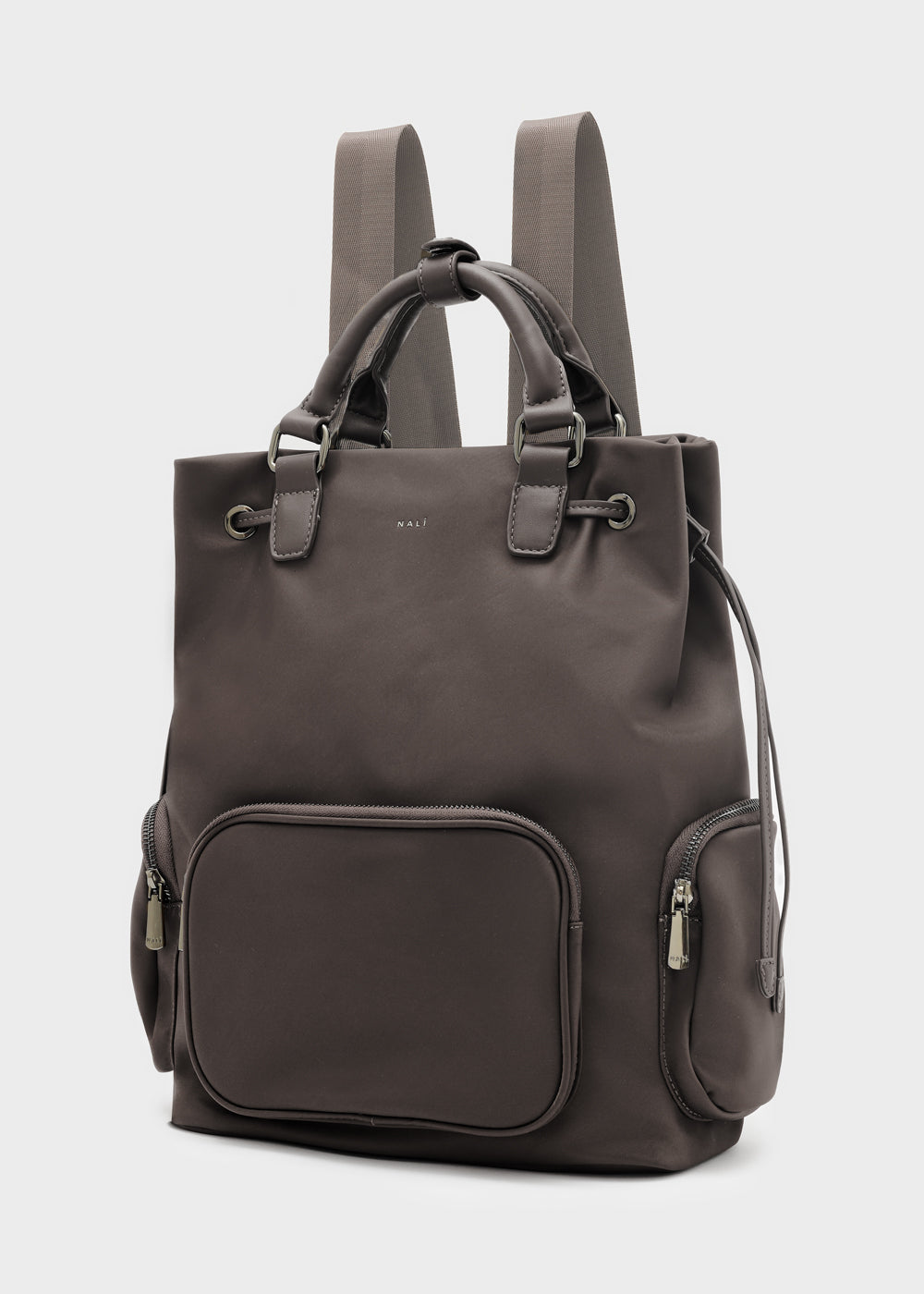 Dark gray nylon backpack with top handles and multiple zippered pockets nalì zaino noor marrone