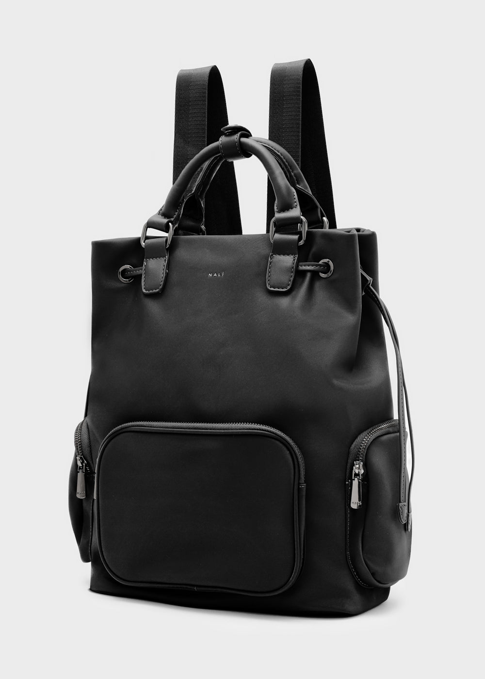 Nalì zaino noor nero in nylon nero con manici superiori e tasche laterali elegante e funzionale