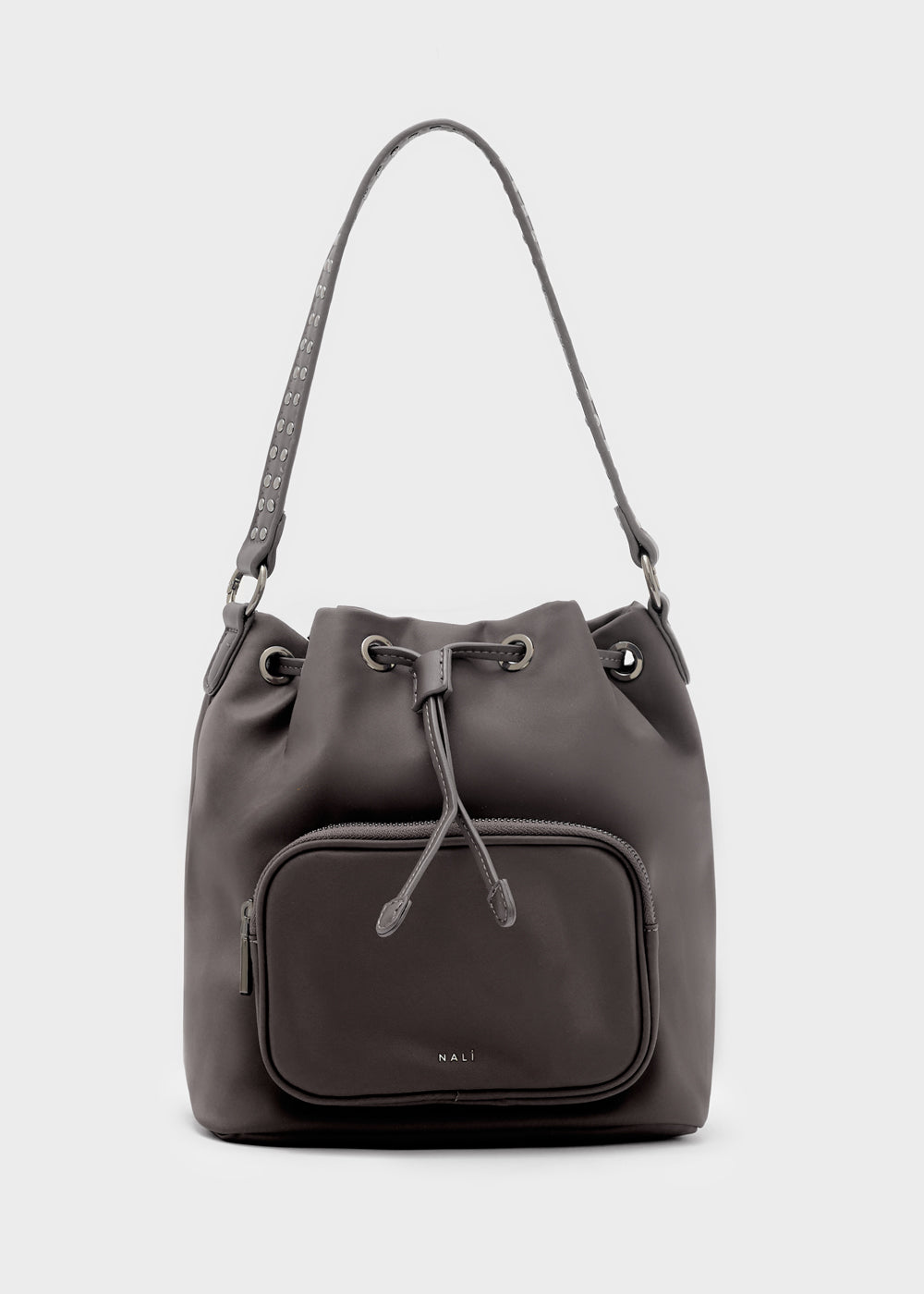 Borsa secchiello nalì noor marrone in nali grigio scuro con chiusura a coulisse e tasca frontale con zip