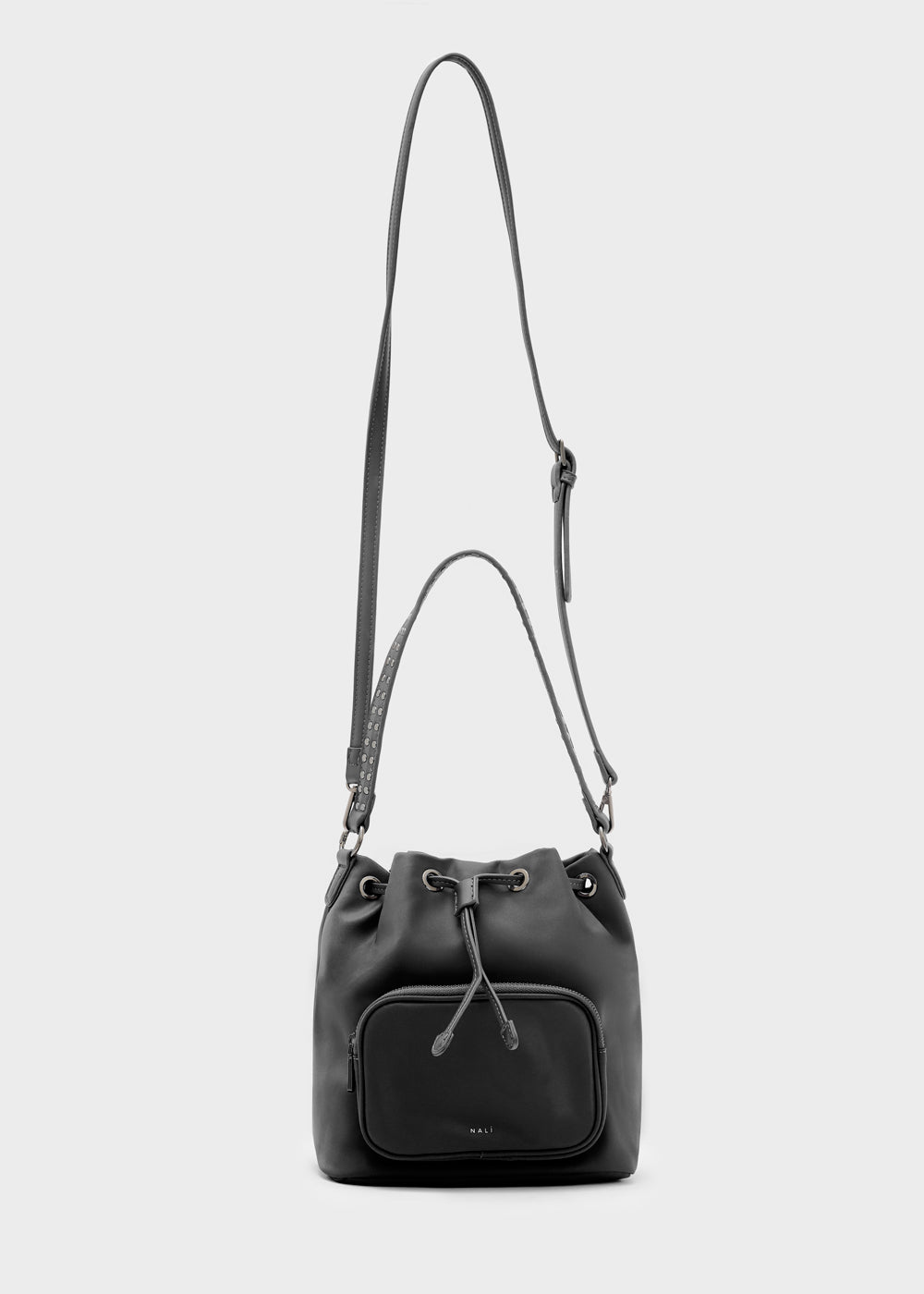 Black leather bucket bag Nalì Secchiello Noor Nero with front pocket and adjustable shoulder strap