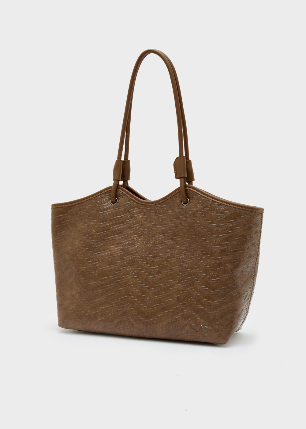 Brown leather tote bag nalì a spalla muse marrone with subtle chevron pattern and matching handles