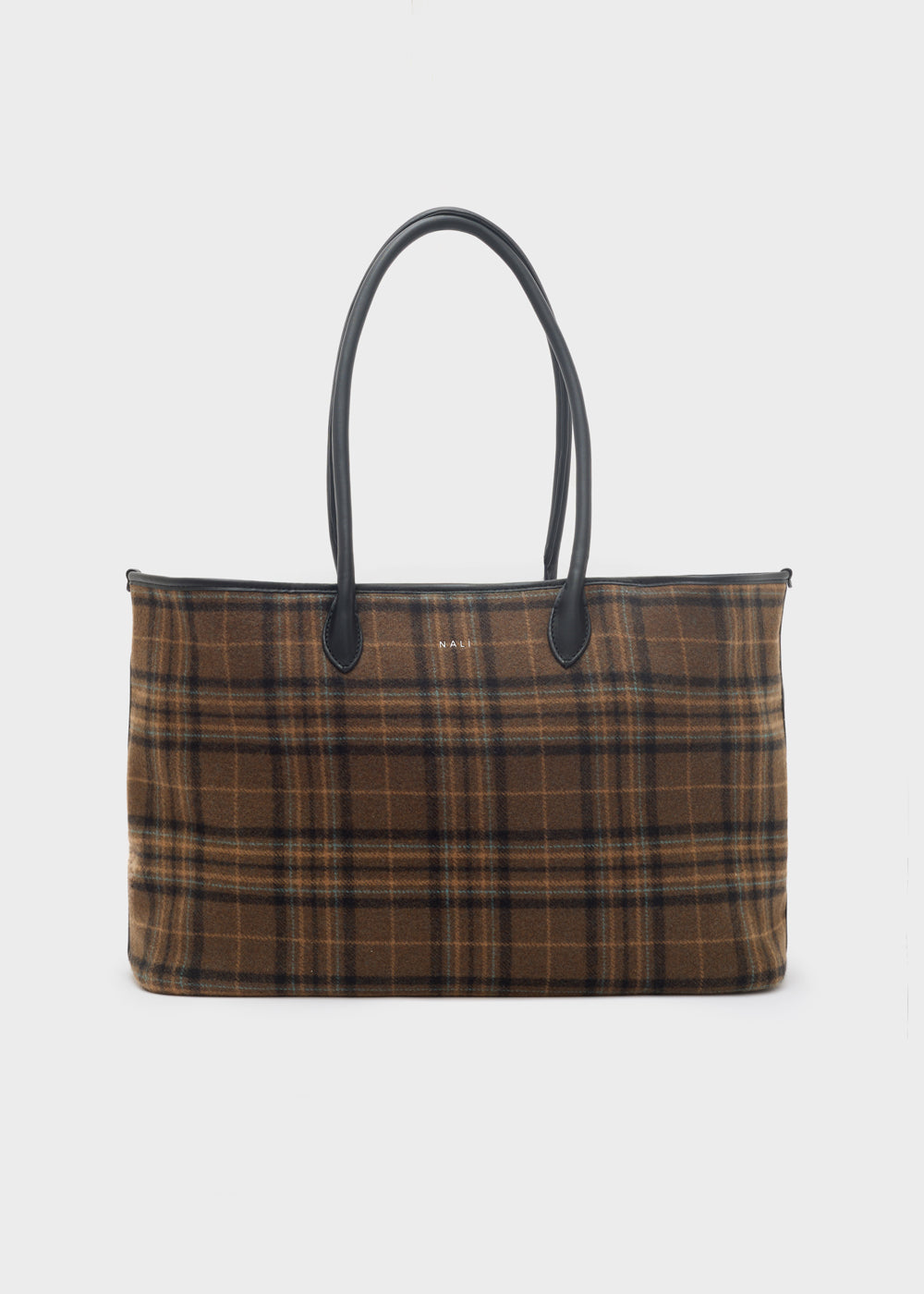 Borsa tote nalì a spalla kassydy double marrone in tessuto plaid marrone con manici in pelle nera
