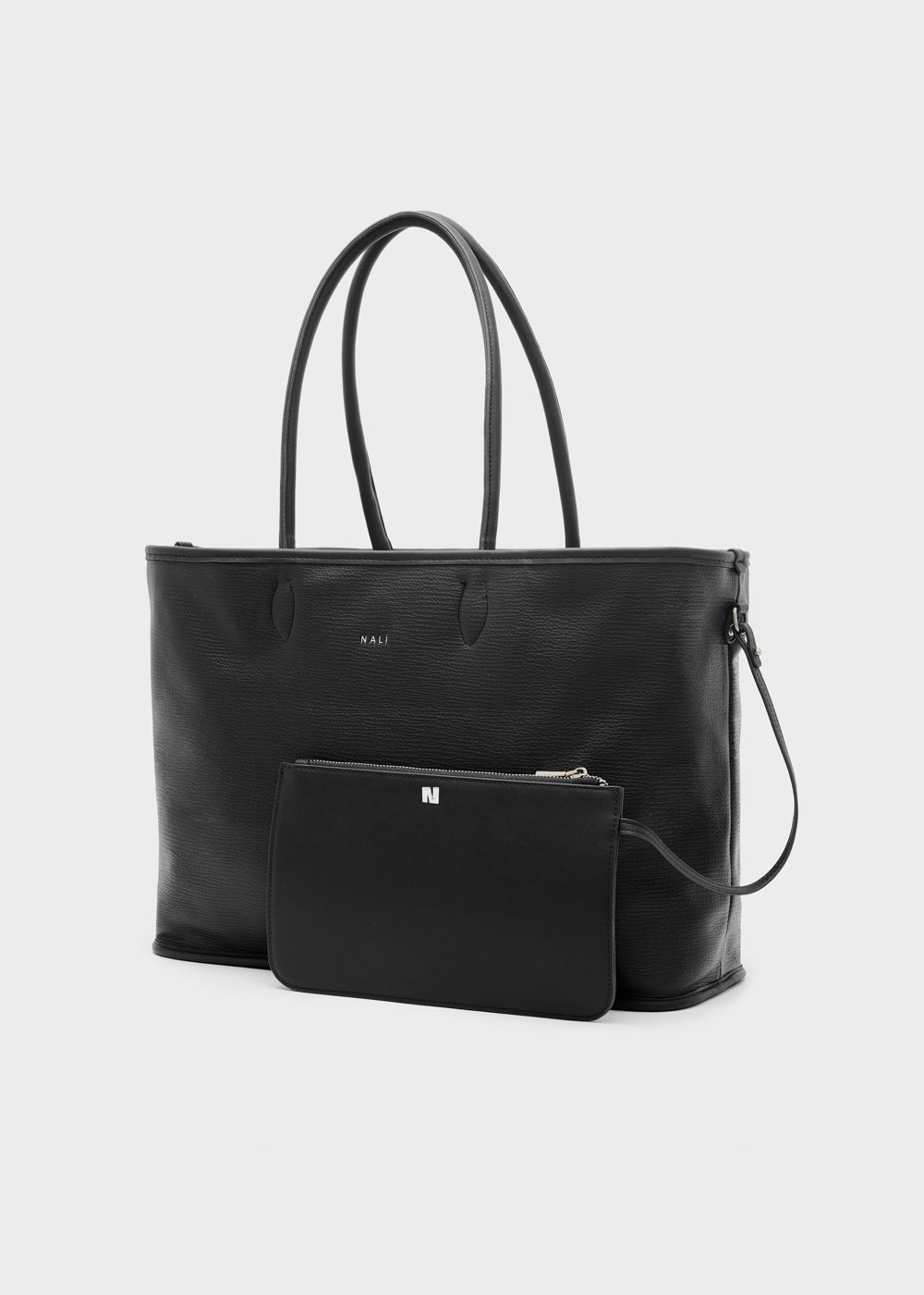 Black leather tote bag with matching small zippered pouch minimalist branding nalì a spalla kassydy double marrone