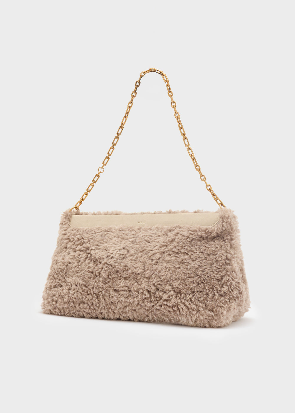 Beige clutch in pelliccia sintetica nalì a spalla amber con catena dorata e fodera interna color crema