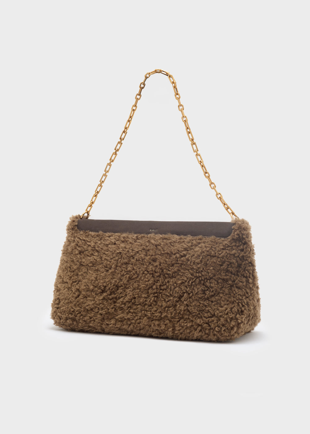 Borsa a spalla nalì amber new marrone in shearling marrone con patta in pelle scura e tracolla a catena oro