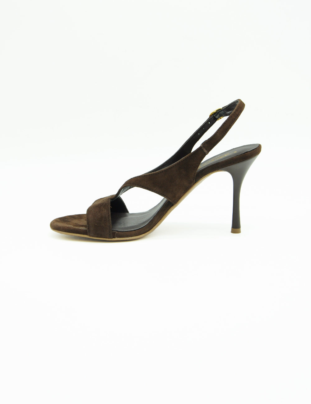 Sandalo slingback testa mora in suede marrone con tacco alto sottile