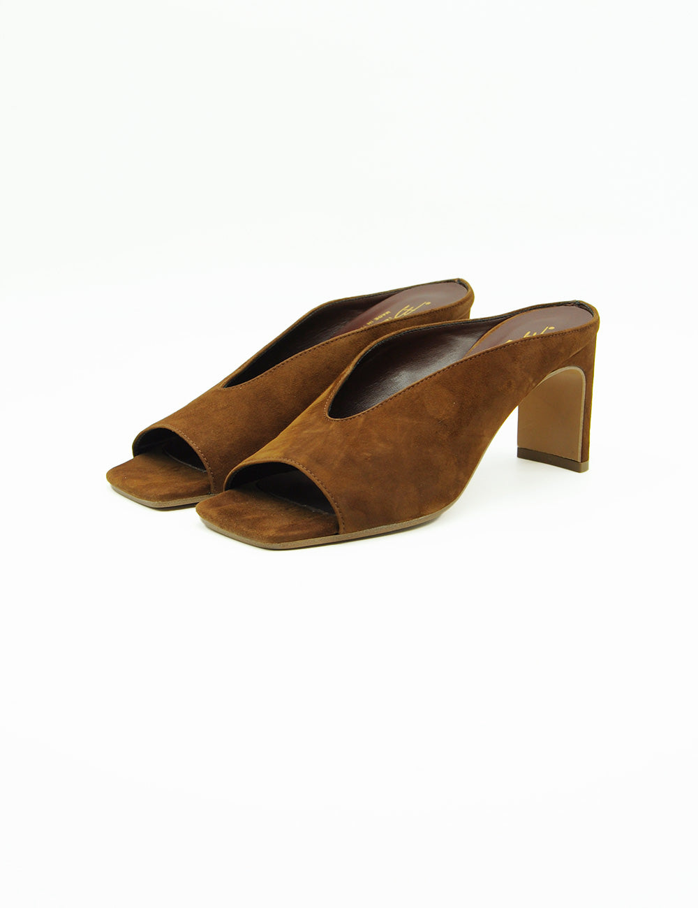 Sandali mule in suede marrone Bianca Di Choco con tacco squadrato e punta aperta