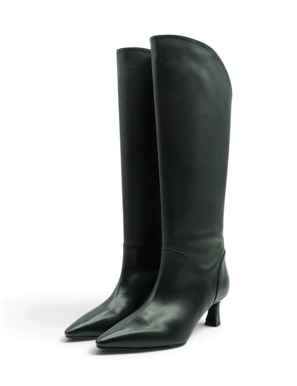 Stivale nero bianca di in pelle nera con punta a punta e tacco basso a blocco knee-high