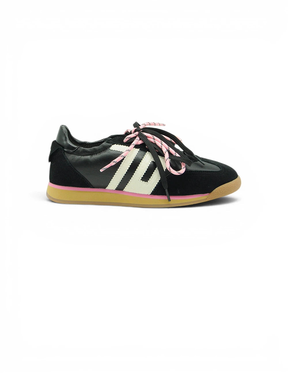 Scarpa back 70 sneakers rocket nappa black in suede e pelle nera con strisce crema, lacci rosa e suola in gomma color cuoio