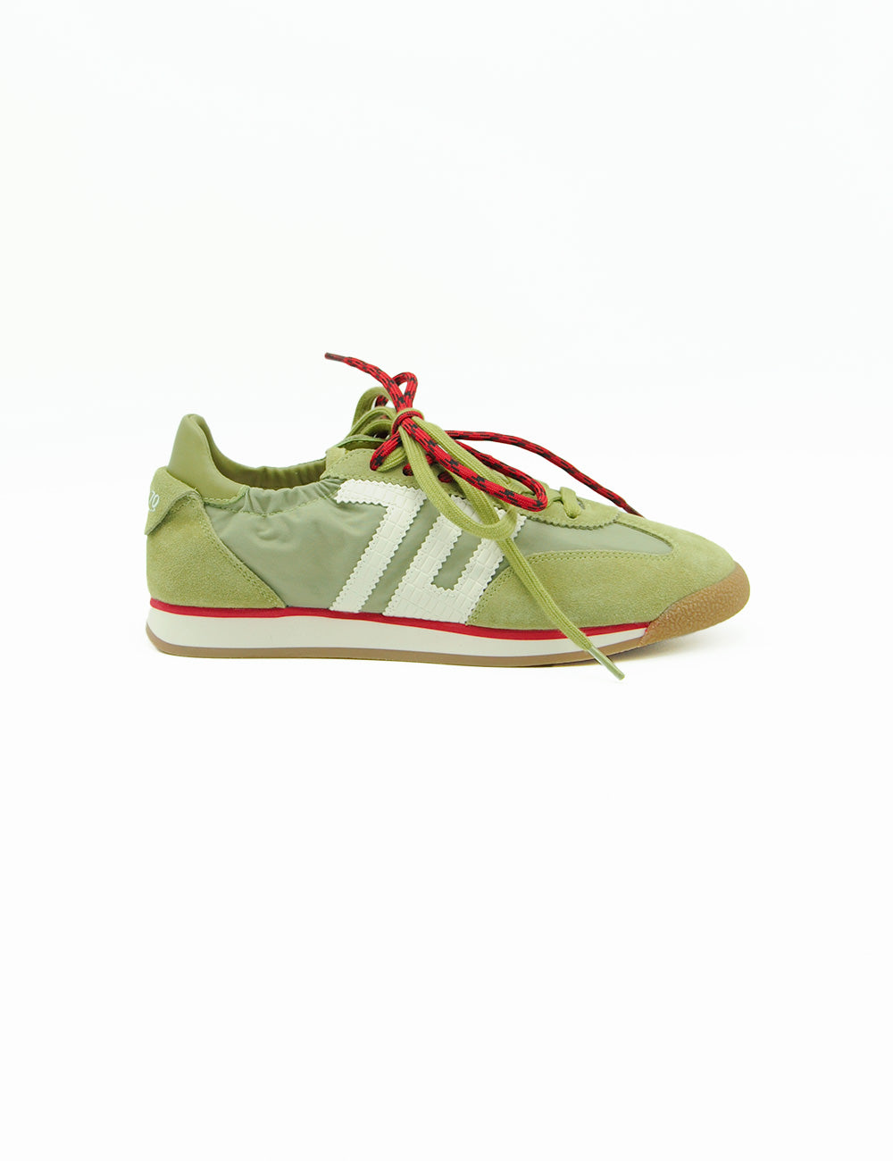 Sneaker Back 70 Rocket Cotton Olive in suede verde chiaro con strisce bianche e lacci rossi