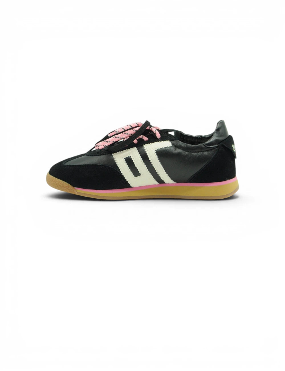 Retro 70 sneakers rocket nappa black vista dal retro in pelle e suede nero con strisce bianche lacci e suola rosa