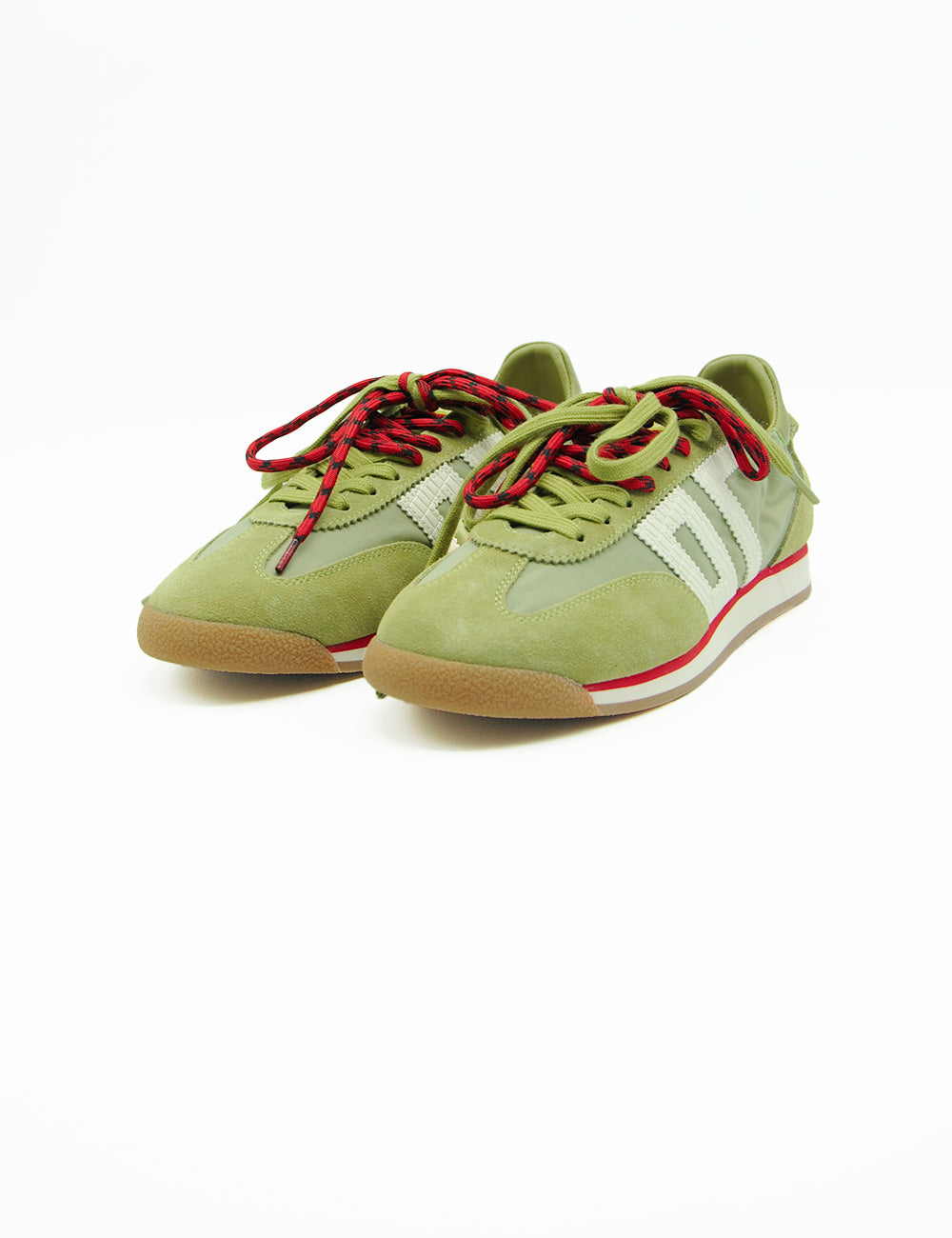 Sneakers Back 70 Rocket Cotton Olive: suede verde chiaro, lacci rossi, strisce bianche, suola gomma beige
