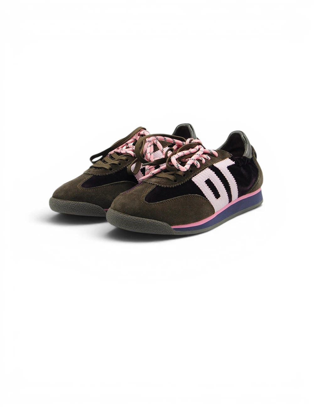 Scarpe back 70 rocket velvet purple in pelle scamosciata marrone e velluto nero con lacci rosa e striscia viola sul lato