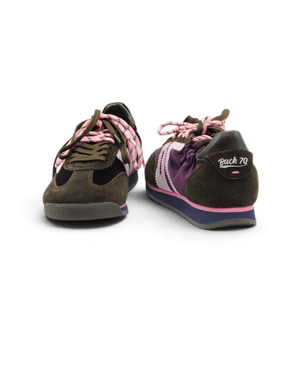 Retro back 70 sneakers in brown suede and purple satin with pink patterned laces shown from the back