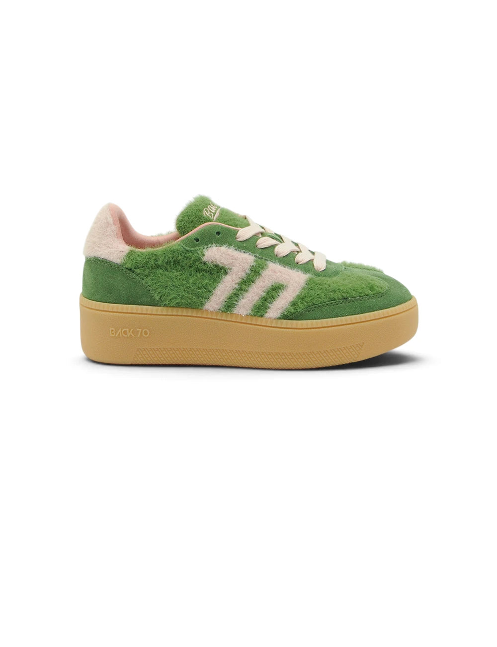 Sneaker back 70 xxl mohair verde con strisce color crema e suola in gomma color marrone chiaro