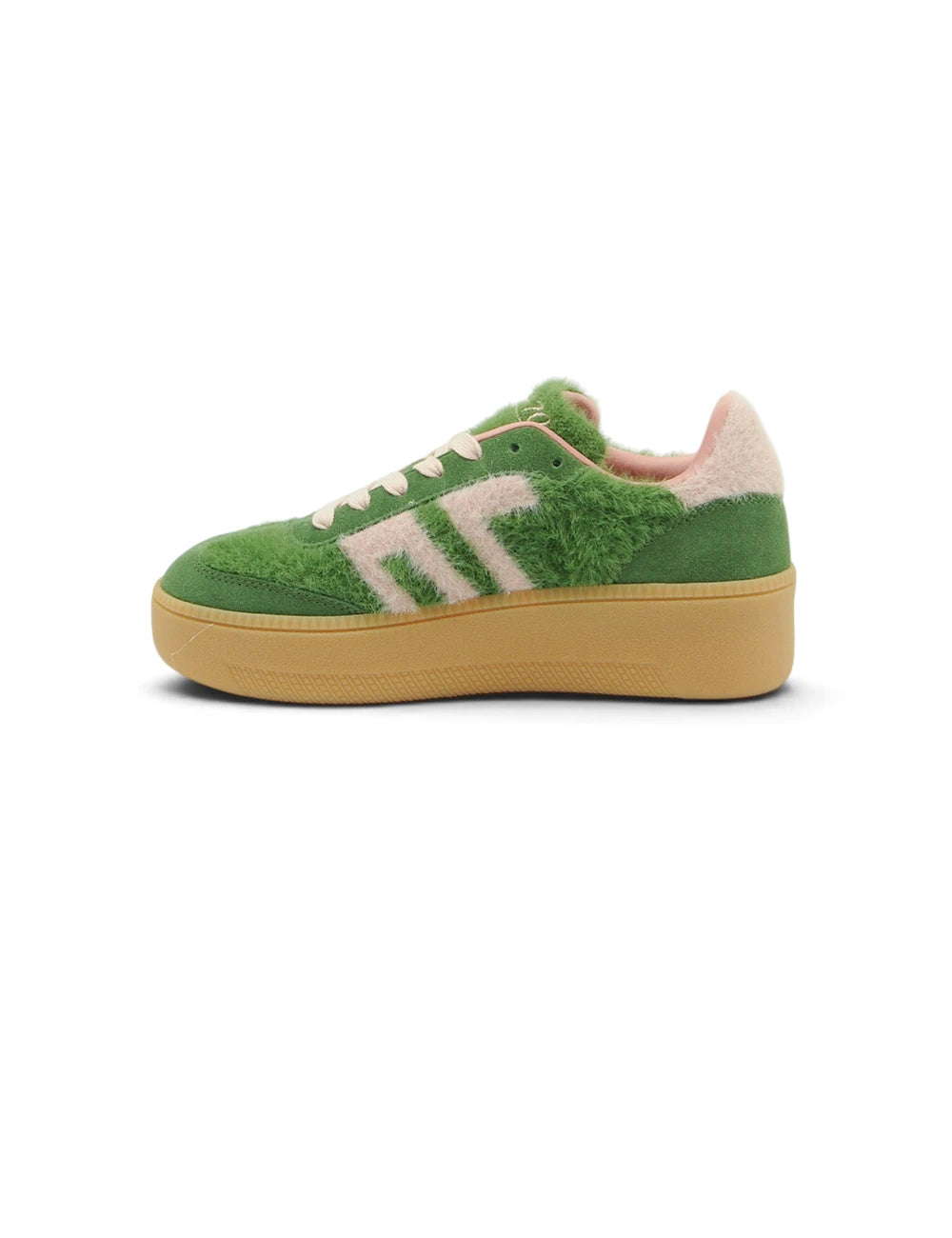 Sneaker back 70 xxl mohair verde in suede con strisce soffici bianche e suola platform beige