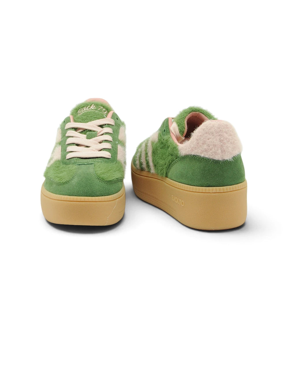 Sneakers back 70 xxl mohair green in suede verde con lacci crema e suola platform color cuoio con fodera rosa fluffy al tallone