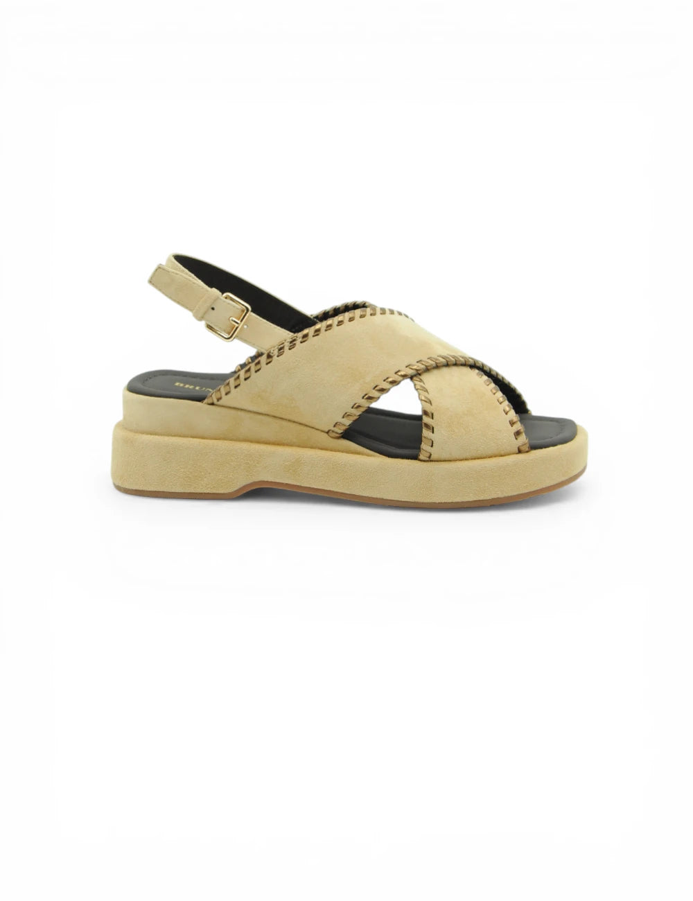 Sandalo platform Bruno Premi Almond in suede beige con cinghie incrociate e oro