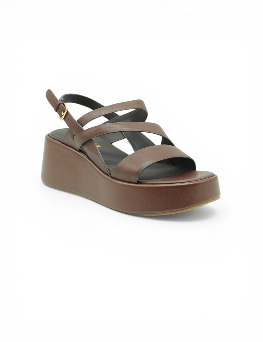 Sandalo platform Corteccia Bruno Premi in pelle marrone con fibbia oro