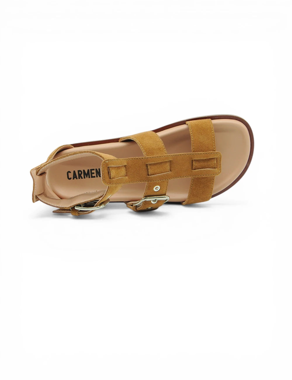 Sandali Christine Terra Carmen in suede tan con fibbia e logo insole