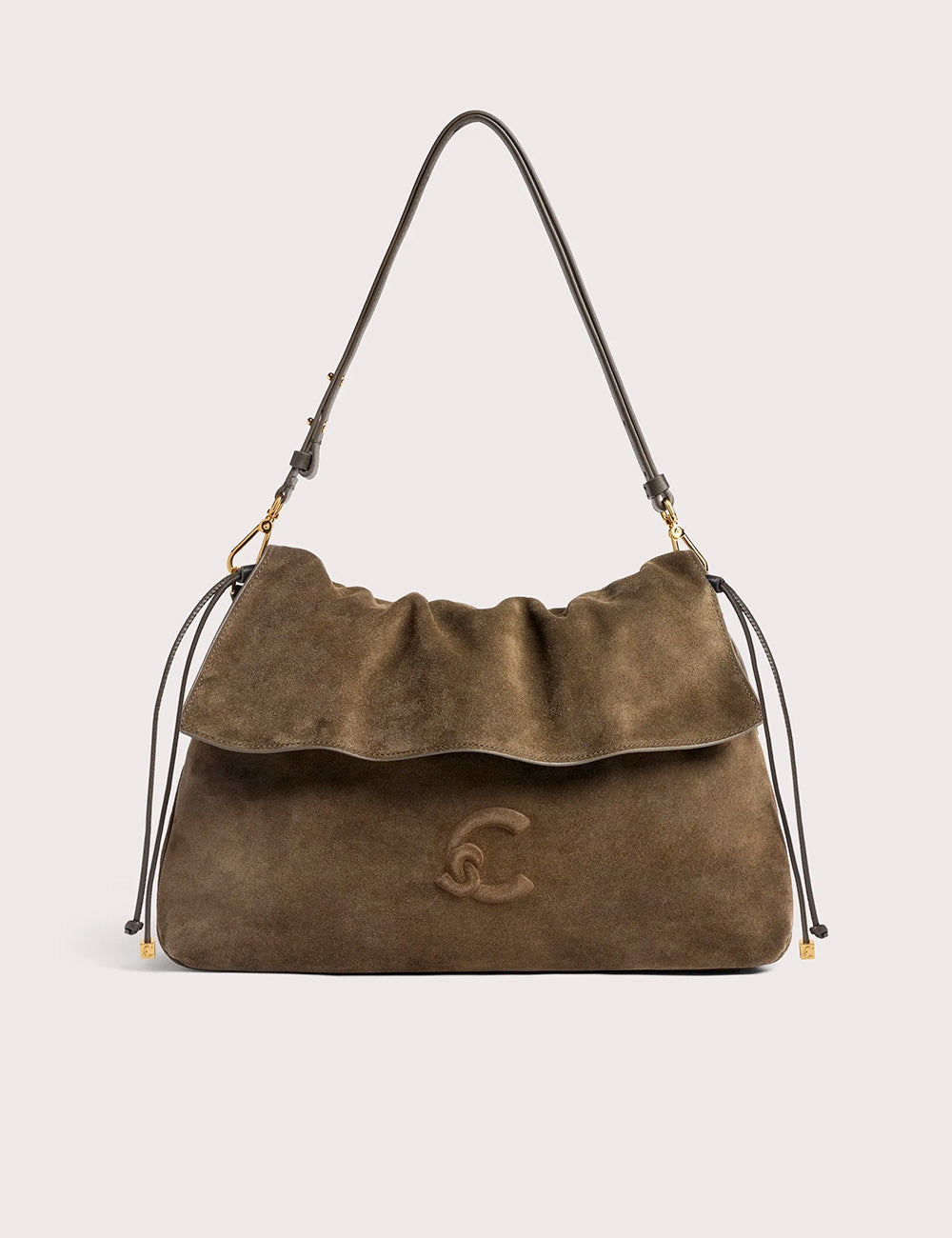 Borsa coccinelle lidia suede medium fango in camoscio marrone con patta arricciata e tracolle in pelle nera