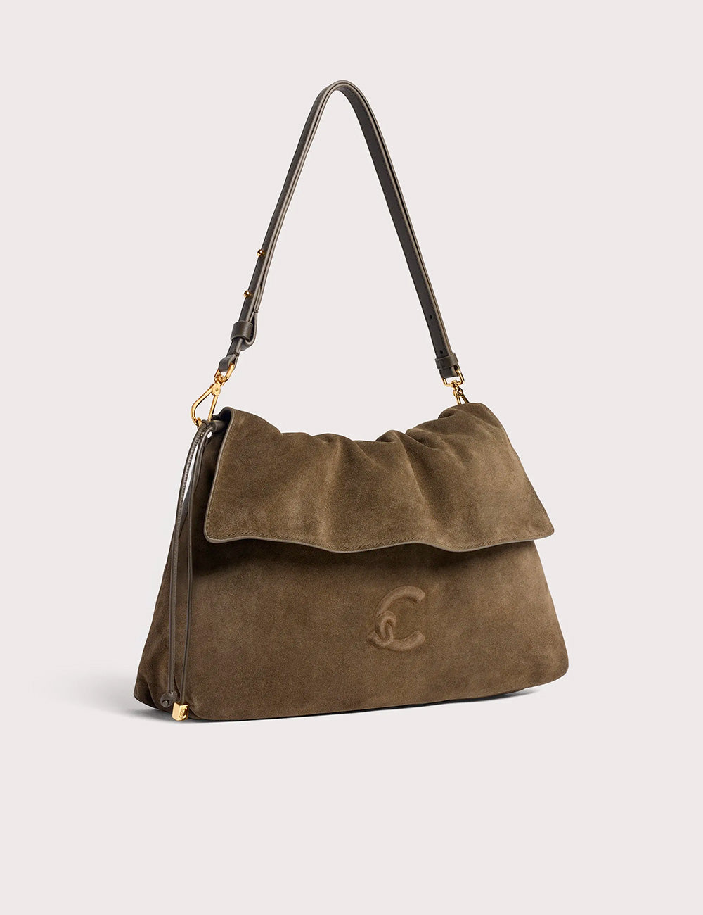 Olive green suede shoulder bag with ruched flap and gold-tone hardware by Coccinelle Lidia Suede Medium Fango