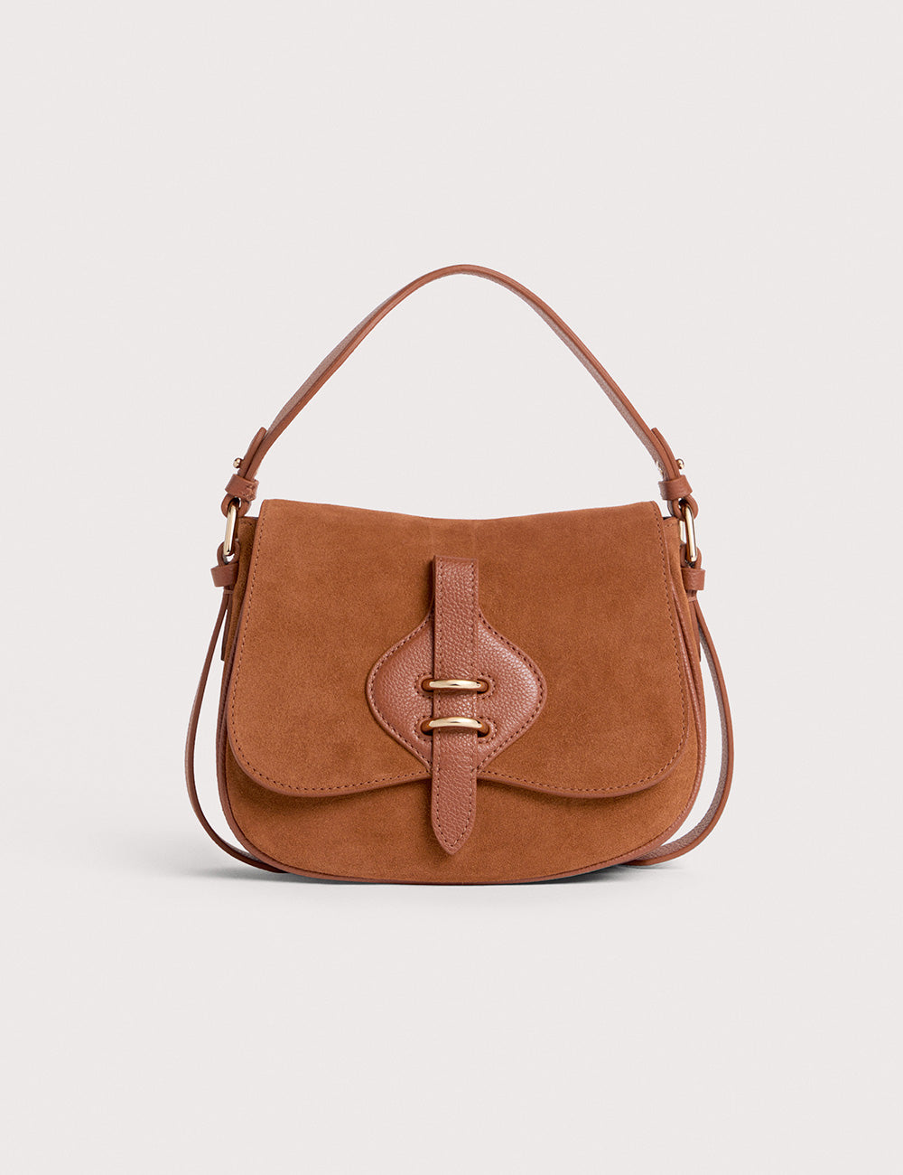 Borsa in suede color cognac Coccinelle Mavery small con chiusura in pelle e tracolla abbinata