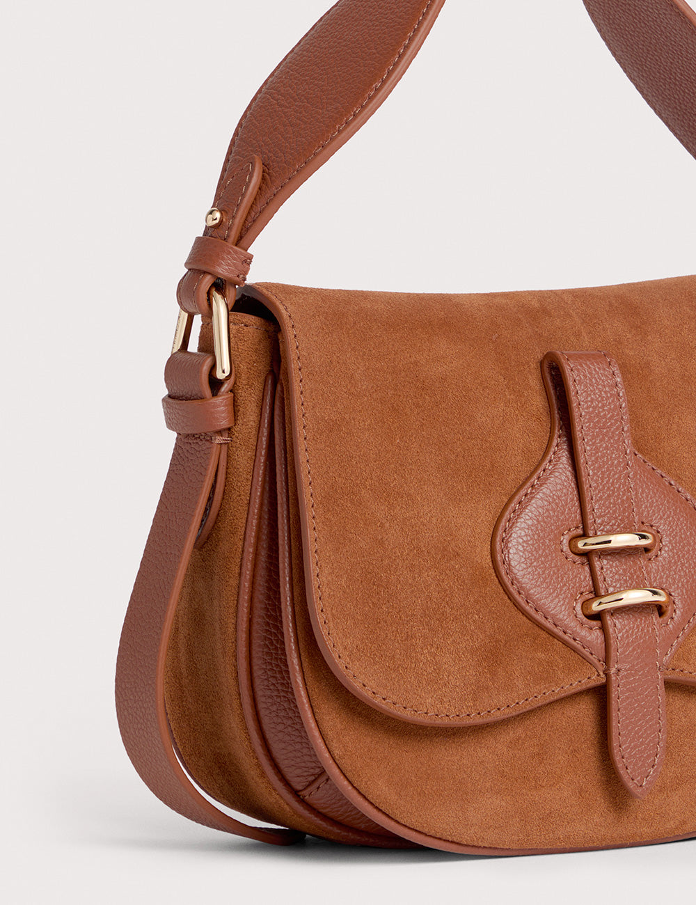 Borsa Mavery piccola in suede cognac Coccinelle con cinghie in pelle marrone e hardware oro