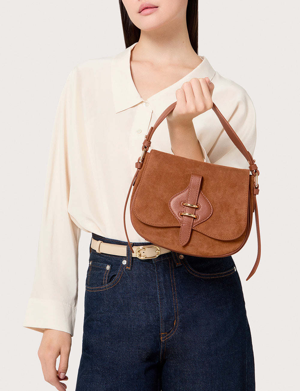 Borsa Mavery small in suede cognac Coccinelle con tracolla in pelle e hardware oro