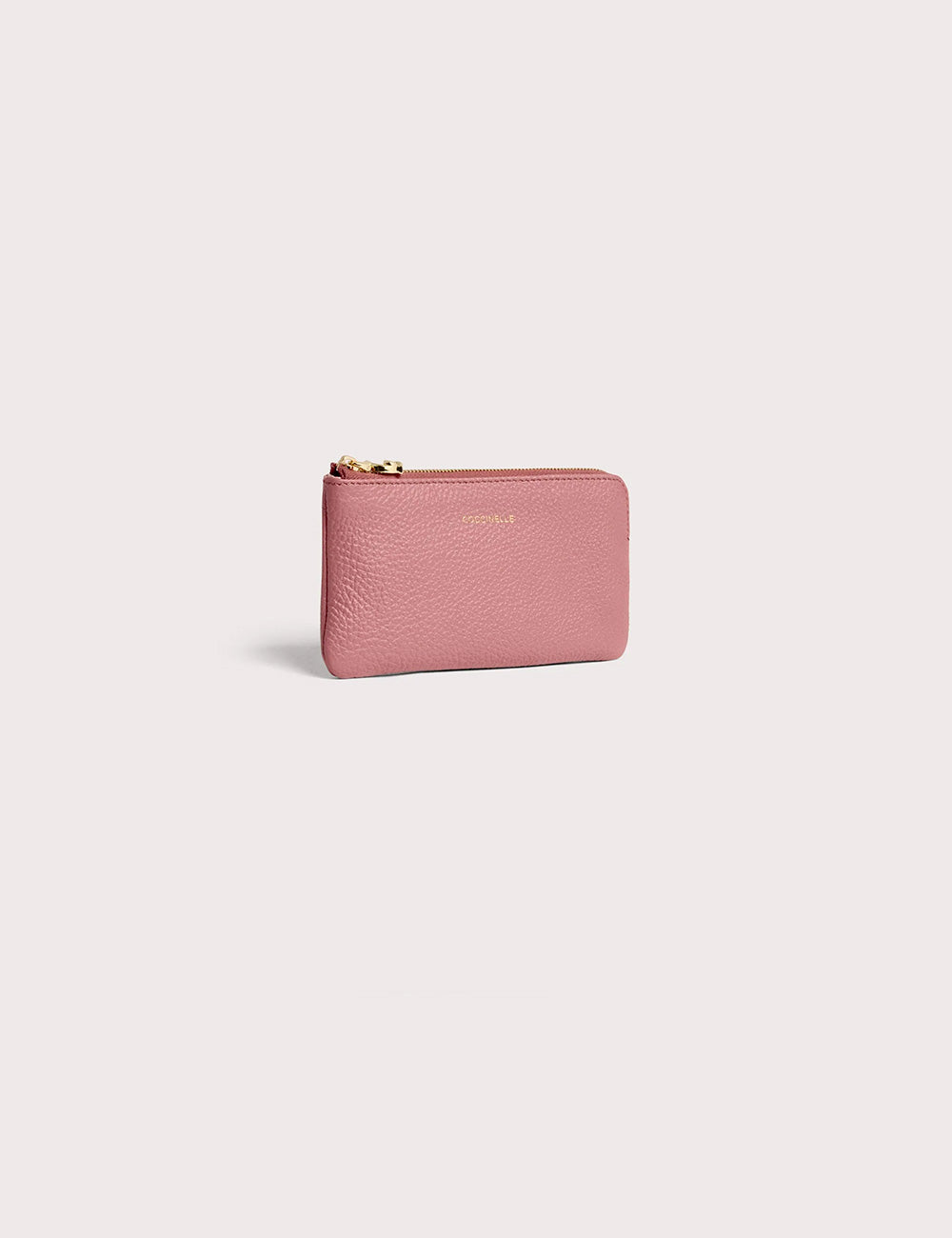 Coccinelle c-me softy small winter rose pouch in soft pink textured leather with gold-toned zipper pull