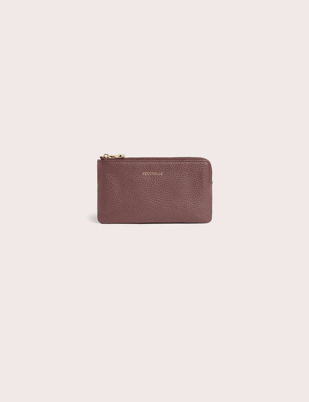 Coccinelle c-me softy small berry portafoglio marrone in pelle con cerniera dorata e logo impresso sottile