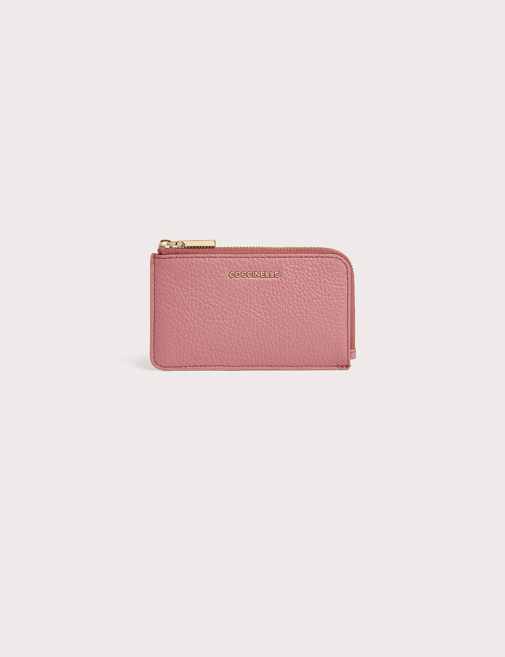 Portacarte coccinelle in pelle rosa metallizzato con cerniera dorata e logo in rilievo sul davanti